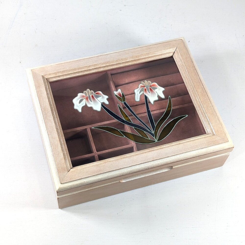 Vintage jewelry box, faux stained glass lid with pink flowers